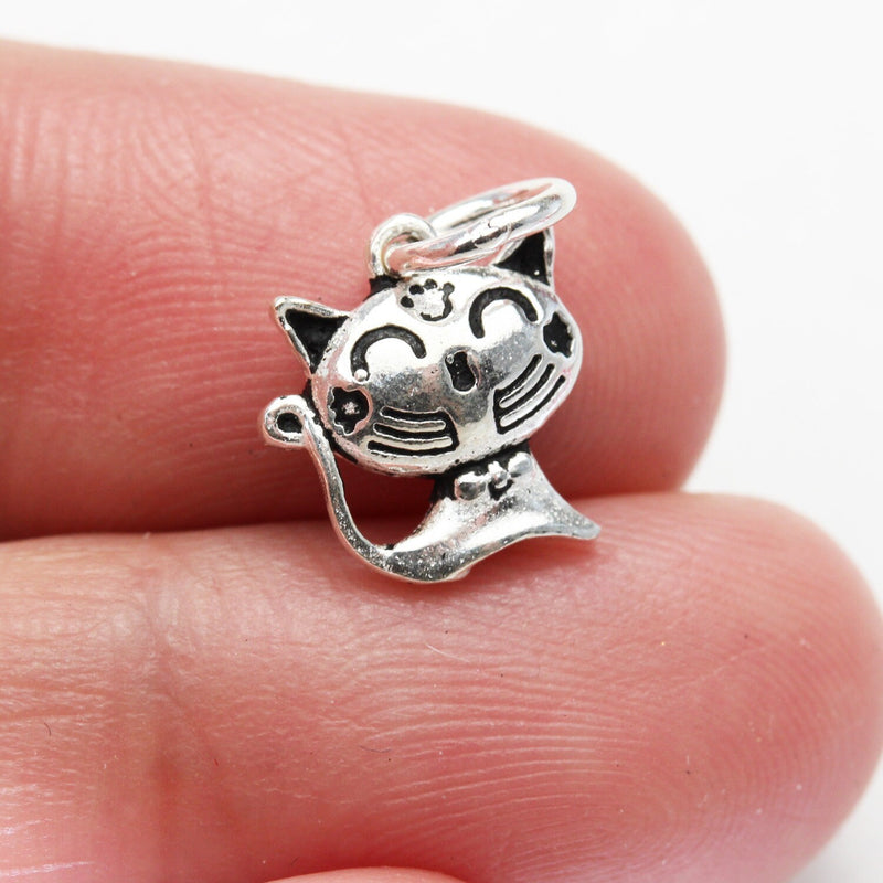 Jewelry charms 2pcs 925 Antique Sterling Silver Jewellery findings Charm Beads ,Cat charm, 11*10mm