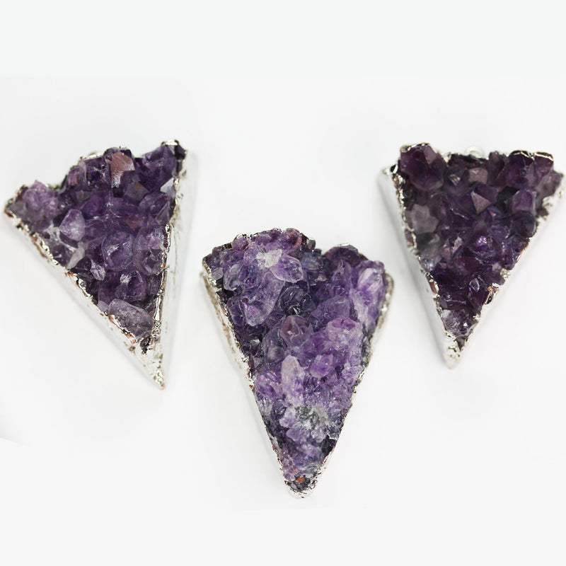 2pcs 35*40mm Raw Amethyst Nugget Triangle Mineral Gemstone with Silver Plated Loop Pendant