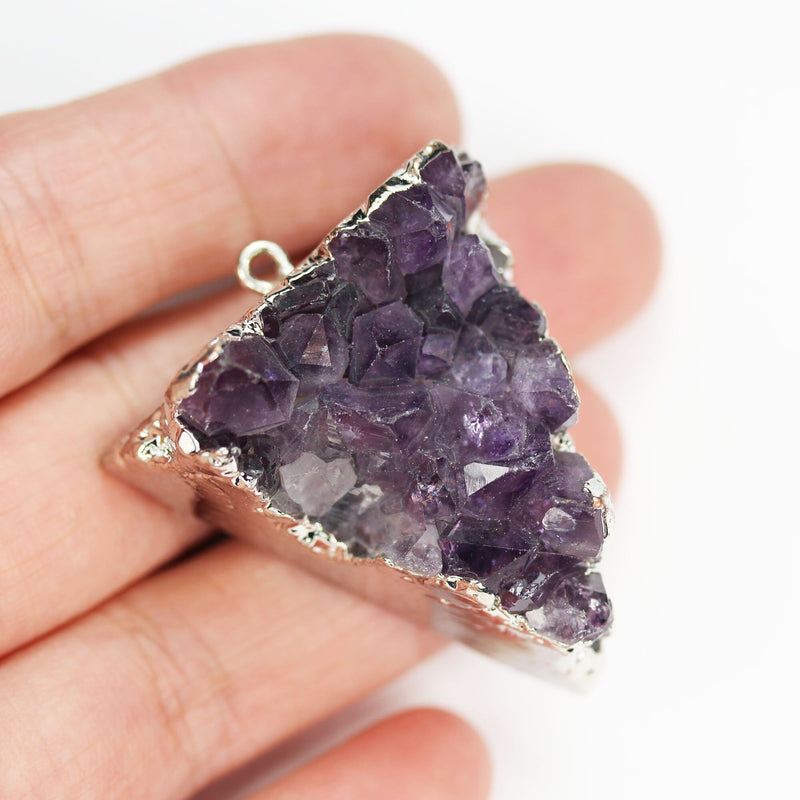 2pcs 35*40mm Raw Amethyst Nugget Triangle Mineral Gemstone with Silver Plated Loop Pendant