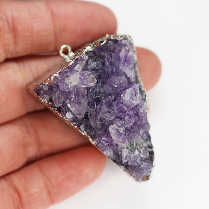 2pcs 35*40mm Raw Amethyst Nugget Triangle Mineral Gemstone with Silver Plated Loop Pendant