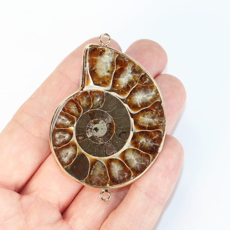 2pcs Ammonite Fossil, 40*50mm Genuine Gemstone Pendant, Gold Plated Edge with Double Ring Pendant