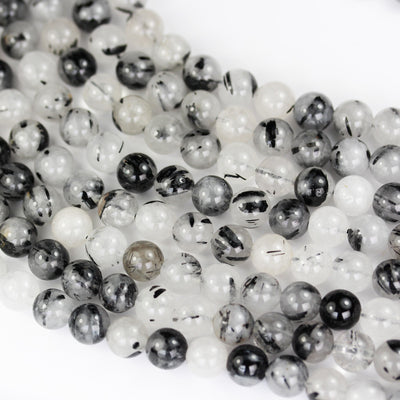 6mm Black Rutilated Quartz,Round  Gemstone,One full strand Clear/ Grey&Black, hole 0.6mm,16"