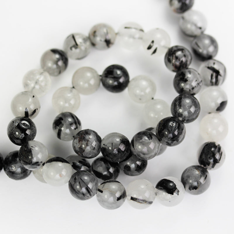 6mm Black Rutilated Quartz,Round  Gemstone,One full strand Clear/ Grey&Black, hole 0.6mm,16"