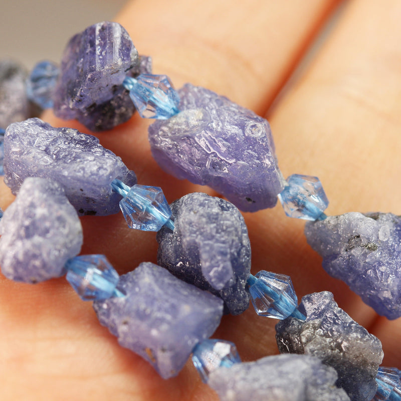 Raw Natural Tanzanite, 8*10mm Nugget Gemstone Strand, Center drilled Natural shape, 15.5icch, About 30beads, hole1mm