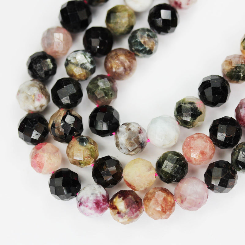 Natural Tourmaline, 8mm Faceted round Gemstone Beads ,7.5 ", 1mm hole, about 25beads