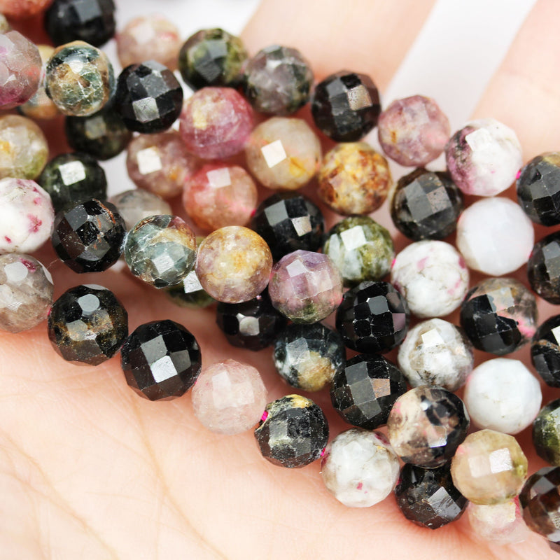 Natural Tourmaline, 8mm Faceted round Gemstone Beads ,7.5 ", 1mm hole, about 25beads