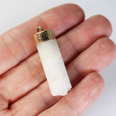 1pc 11*35mm Tube White Druzy Agate Pendant Gemstone , Gold Plated Top with Ring Pendant