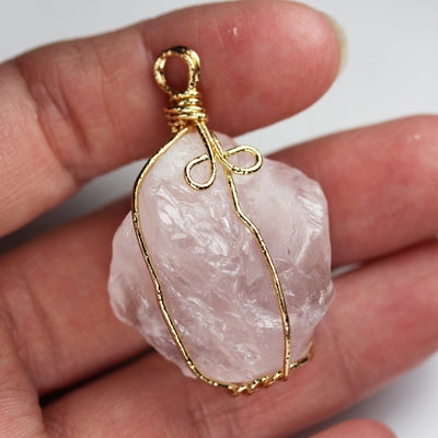 2pcs 20-30mm Light Rose Quartz Nugget Mineral Gemstone ,Gold Plated Wire Wrapped Pendant