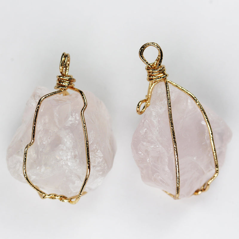 2pcs 20-30mm Light Rose Quartz Nugget Mineral Gemstone ,Gold Plated Wire Wrapped Pendant