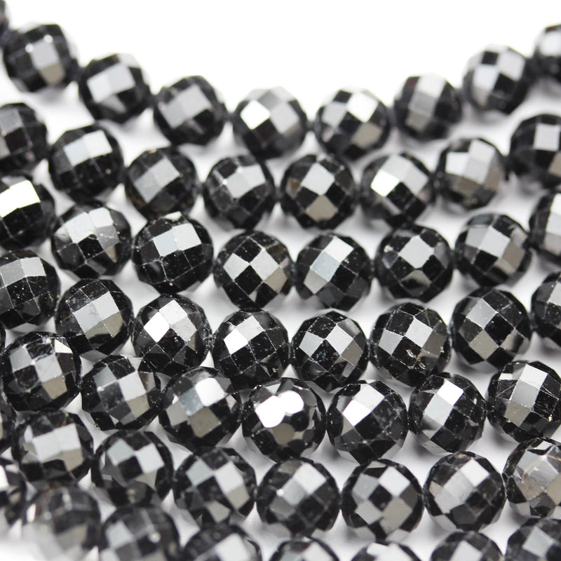 Natural Black Tourmaline, 6mm Faceted round Gemstone Beads ,  7.5inch, 1mm  hole