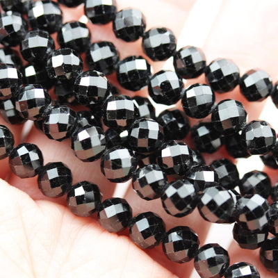 Natural Black Tourmaline, 6mm Faceted round Gemstone Beads ,  7.5inch, 1mm  hole