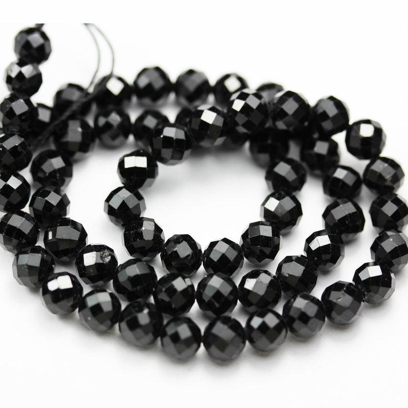 Natural Black Tourmaline, 6mm Faceted round Gemstone Beads ,  7.5inch, 1mm  hole