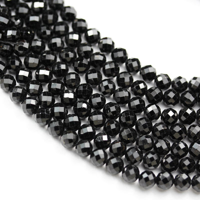 Natural Black Tourmaline, 6mm Faceted round Gemstone Beads ,  7.5inch, 1mm  hole