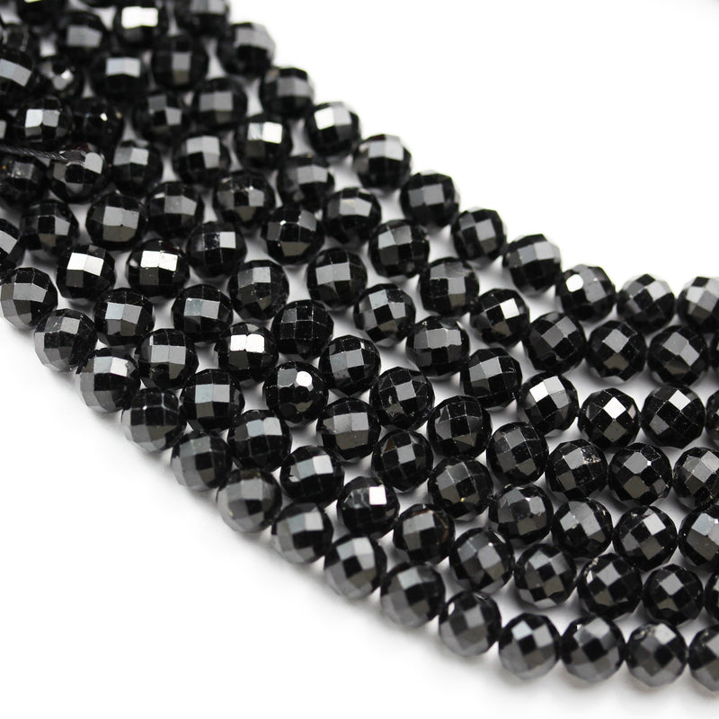 Natural Black Tourmaline, 6mm Faceted round Gemstone Beads ,  7.5inch, 1mm  hole