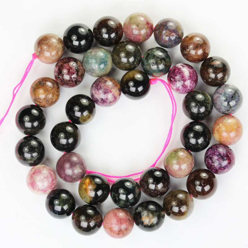 Tourmaline, 10mm round  Gemstone Beads, Full strand Colorful Tourmaline, 15.5" strand, 1mm hole, 40 beads