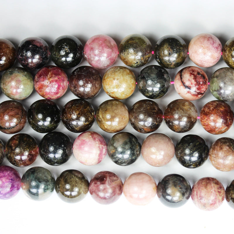 Tourmaline, 10mm round  Gemstone Beads, Full strand Colorful Tourmaline, 15.5" strand, 1mm hole, 40 beads