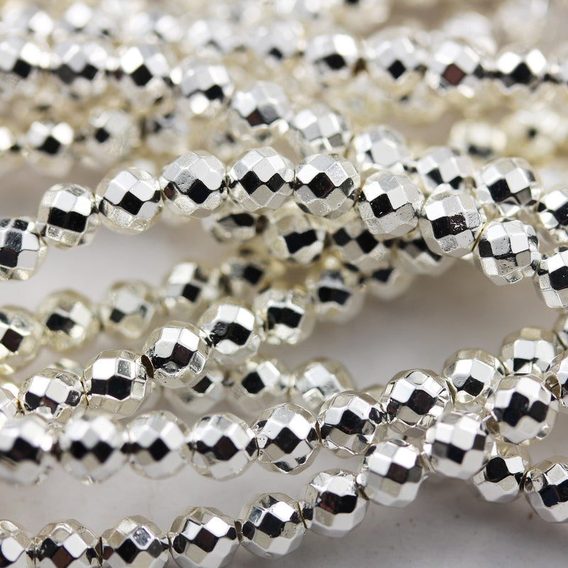 Hematite,3mm faceted round gemstone, Electroplated Silver Color , hole 0.6 mm,15.5 ", about 150beads