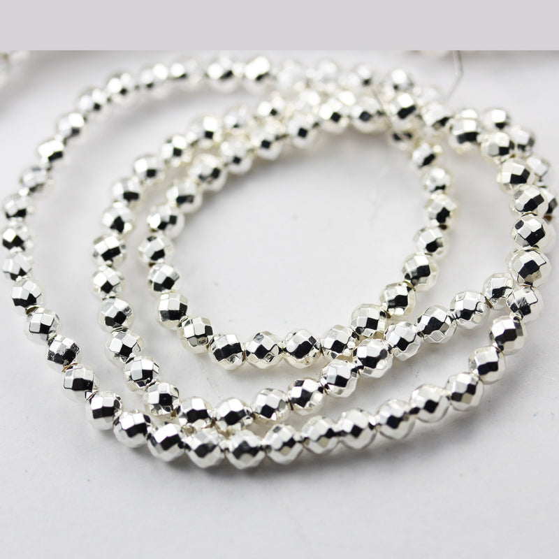 Hematite,3mm faceted round gemstone, Electroplated Silver Color , hole 0.6 mm,15.5 ", about 150beads