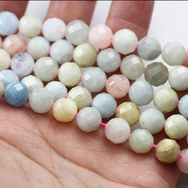 Beryl Mix, Aquamarine, Heliodor and morganite, 8.5mm Faceted Round Mixed Gemstone ,7.5inch hole1mm,about22beads