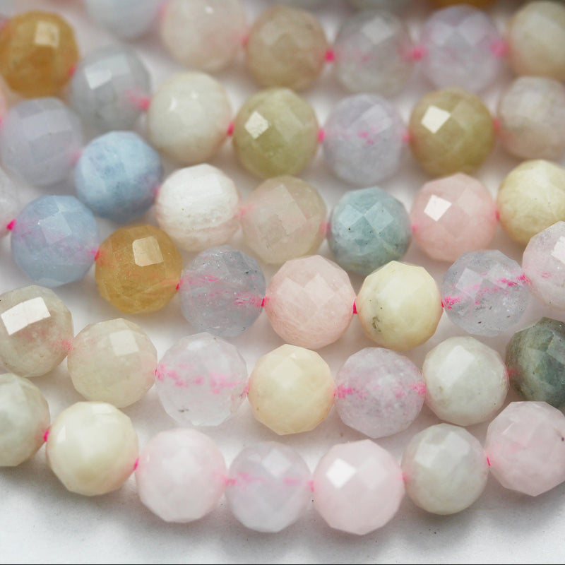 Beryl Mix, Aquamarine, Heliodor and morganite, 6mm Faceted Round Mixed Gemstone ,7.5inch hole1mm,about32beads