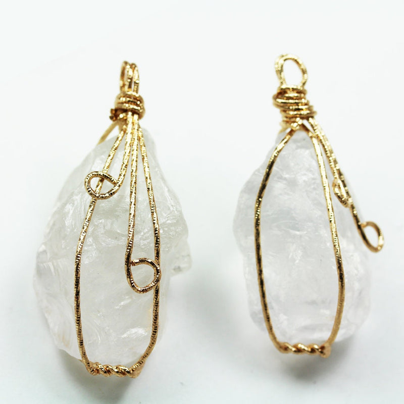 2pcs 20-25*40-50mm Clear Quartz Nugget Mineral Gemstone ,Gold Plated Wire Wrapped Pendant