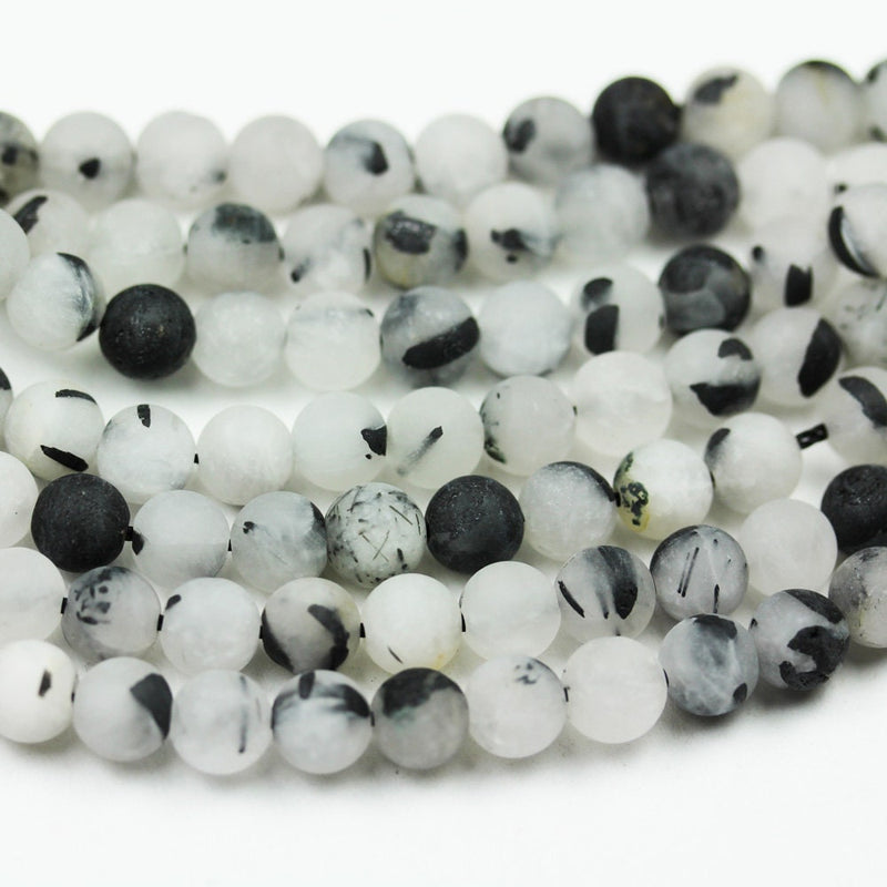 Matte Black Rutilated Quartz,6mm Round Gemstone, One full strand, White/ Grey&Black, hole 0.8mm,15.5&