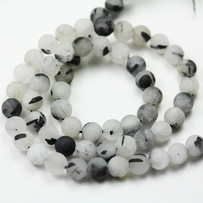 Matte Black Rutilated Quartz,6mm Round Gemstone, One full strand, White/ Grey&Black, hole 0.8mm,15.5''