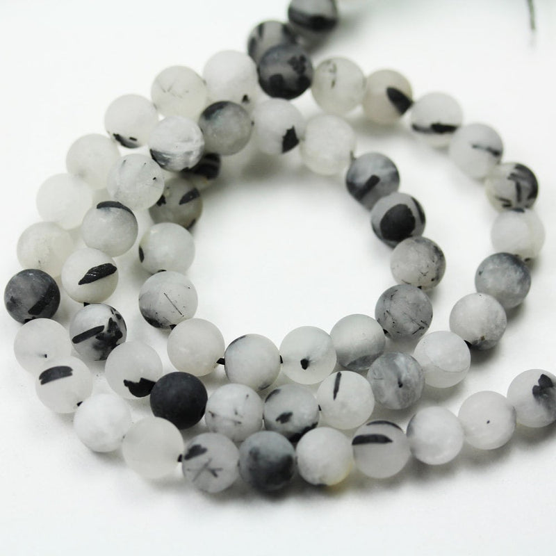 Matte Black Rutilated Quartz,6mm Round Gemstone, One full strand, White/ Grey&Black, hole 0.8mm,15.5&