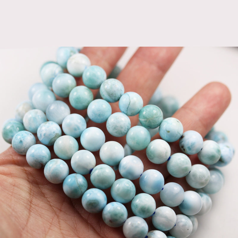 9.5mm Natural Dominican Larimar,  Round Natural Larimar Gemstone Bracelet, 7.5inch, about 20 beads