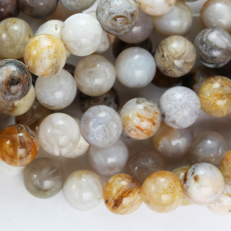 Bamboo leaf Agate, 10mm Round Natural Gemstone Strand, One full strand , White & Yellow, 15.5inch, 1mm hole