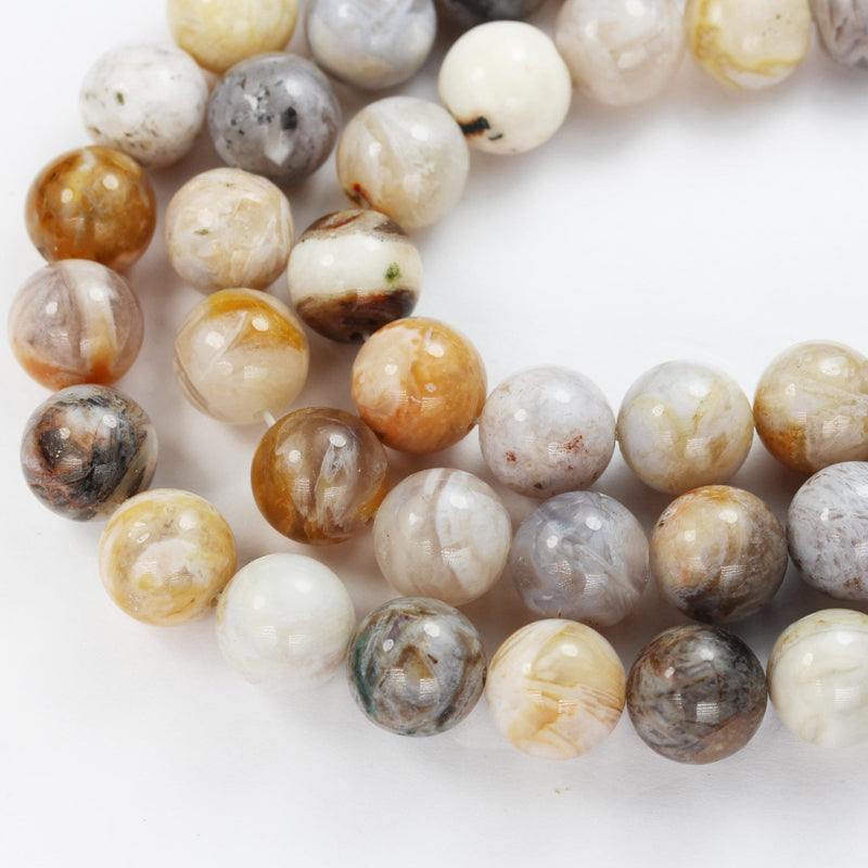 Bamboo leaf Agate, 10mm Round Natural Gemstone Strand, One full strand , White & Yellow, 15.5inch, 1mm hole