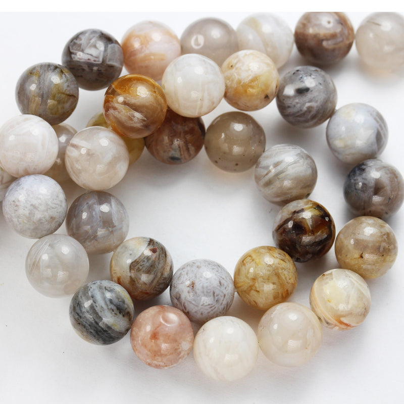 Bamboo leaf Agate, 10mm Round Natural Gemstone Strand, One full strand , White & Yellow, 15.5inch, 1mm hole