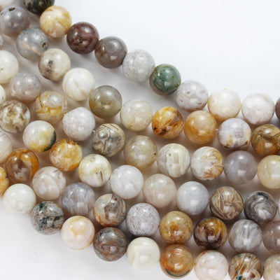 Bamboo leaf Agate, 10mm Round Natural Gemstone Strand, One full strand , White & Yellow, 15.5inch, 1mm hole