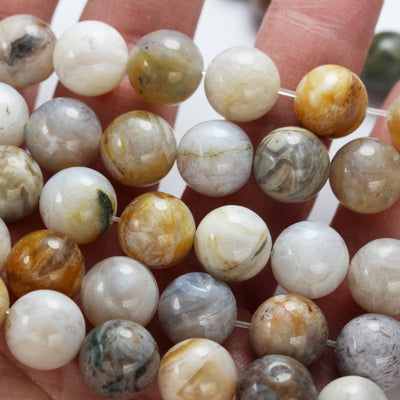 Bamboo leaf Agate, 10mm Round Natural Gemstone Strand, One full strand , White & Yellow, 15.5inch, 1mm hole