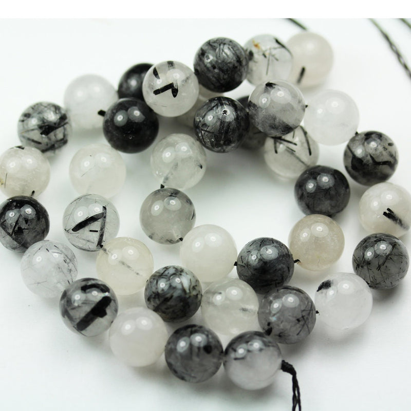 Black Rutilated Quartz,10mm Round  Gemstone, One full strand, Clear/ Grey&Black, hole 1mm,15.5"