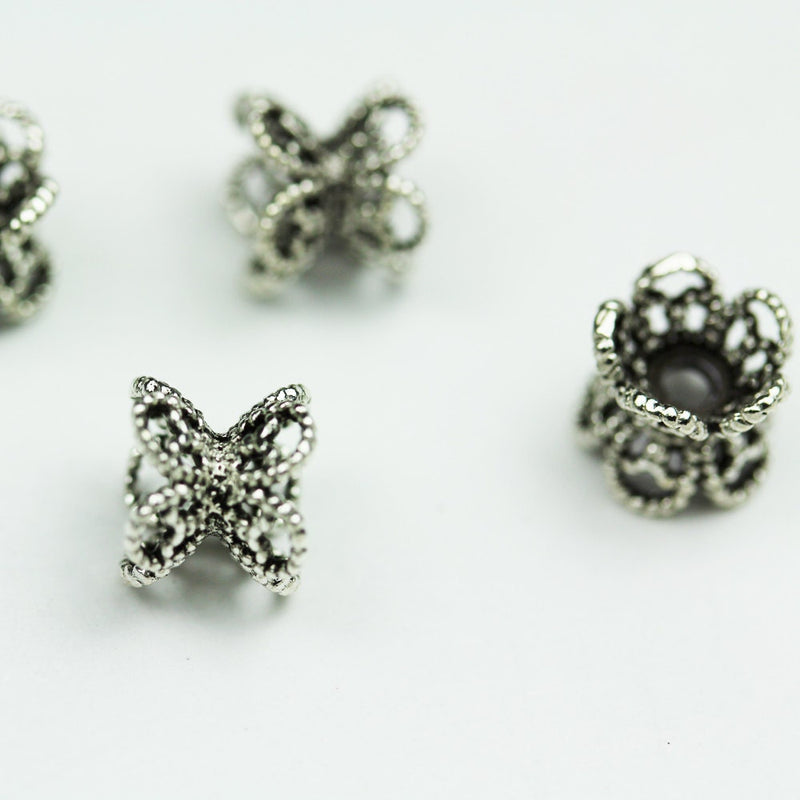 4pcs Antiqued 925 sterling silver Jewelry Findings Double Bead cap, 7.5mm Filigree Flower cap,6.5mm height, 1mm hole