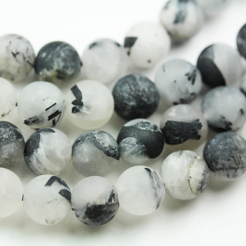 Matte Black Rutilated Quartz,8mm Round Gemstone, One full strand, White/ Grey&Black, hole1mm,15.5"