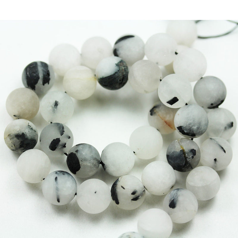 Matte Black Rutilated Quartz,8mm Round Gemstone, One full strand, White/ Grey&Black, hole1mm,15.5"