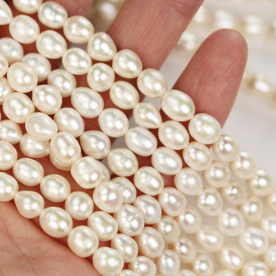 Freshwater pearl strand, white, 6*7mm potato shape, 14.5", 0.8mm hole, about 50pcs pearl