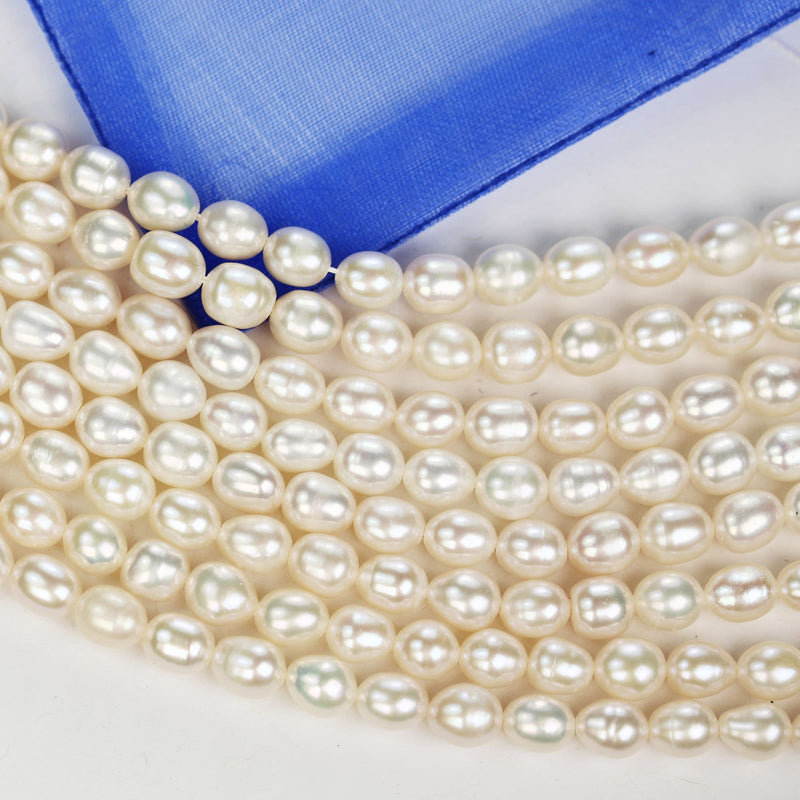 Freshwater pearl strand, white, 6*7mm potato shape, 14.5", 0.8mm hole, about 50pcs pearl