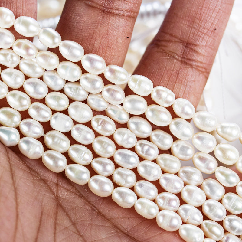 Freshwater pearl strand, white, 5*7mm potato shape, 13", 0.8mm hole, about 53pcs pearl