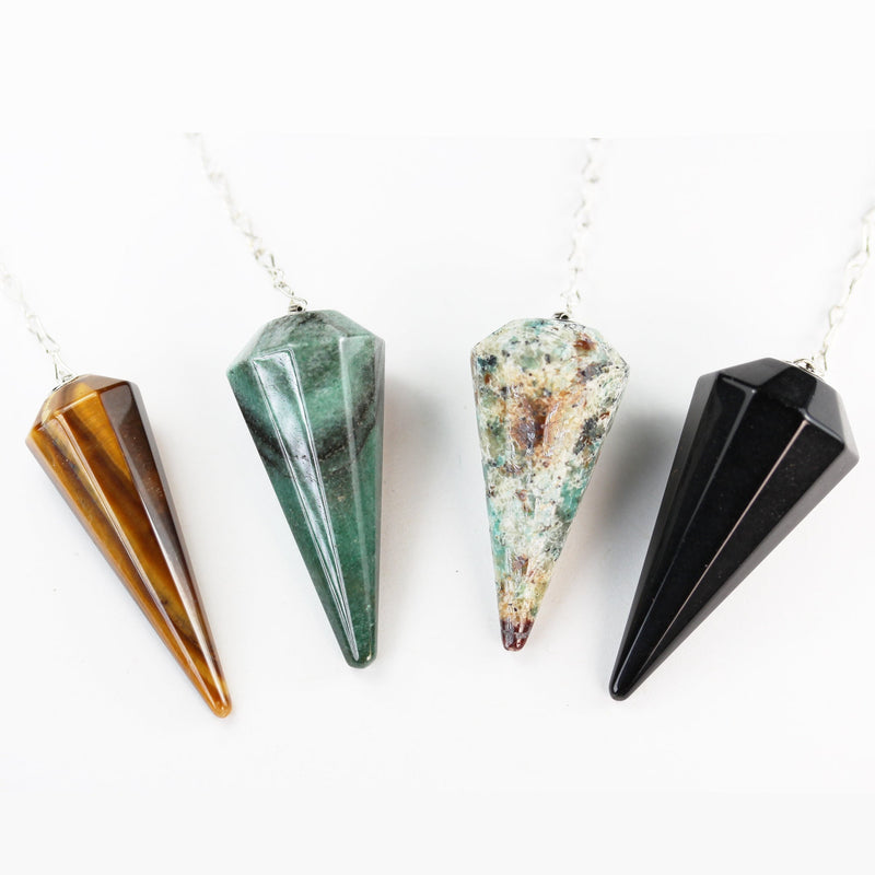 Natural Gemstone Point Pendulum Pendant - Tiger Eye, Black Onyx, Jasper, Green Aventurine Pendant with Silver Plated Chain