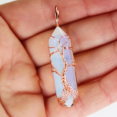 1pc Opalite Double Terminated Point Pendant, Tree-Of-Life Copper Wire Wrapped Gemstone Pendant 10*40mm Stone