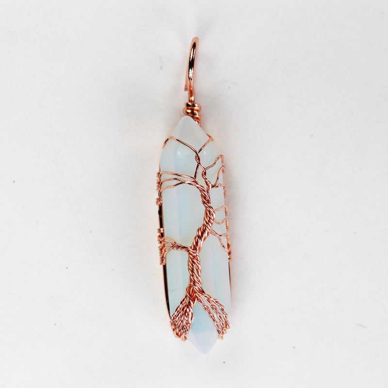 1pc Opalite Double Terminated Point Pendant, Tree-Of-Life Copper Wire Wrapped Gemstone Pendant 10*40mm Stone