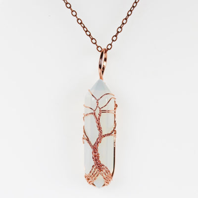 1pc Opalite Double Terminated Point Pendant, Tree-Of-Life Copper Wire Wrapped Gemstone Pendant 10*40mm Stone