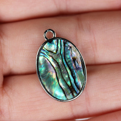 2pcs Natural Abalone Shell Pendant, Silver Plated Oval Shape with Loop, size 15mm*20mm