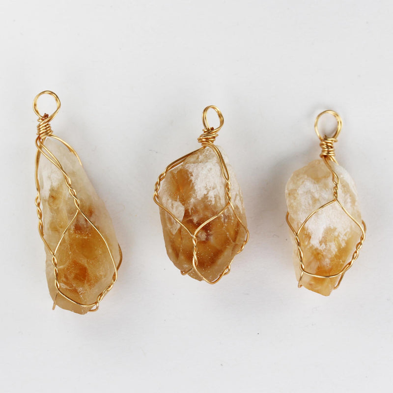 2pcs Raw Citrine Point Gemstone, Gold Plated Wire Wrapped Pendant, size 10-18*12-40mm