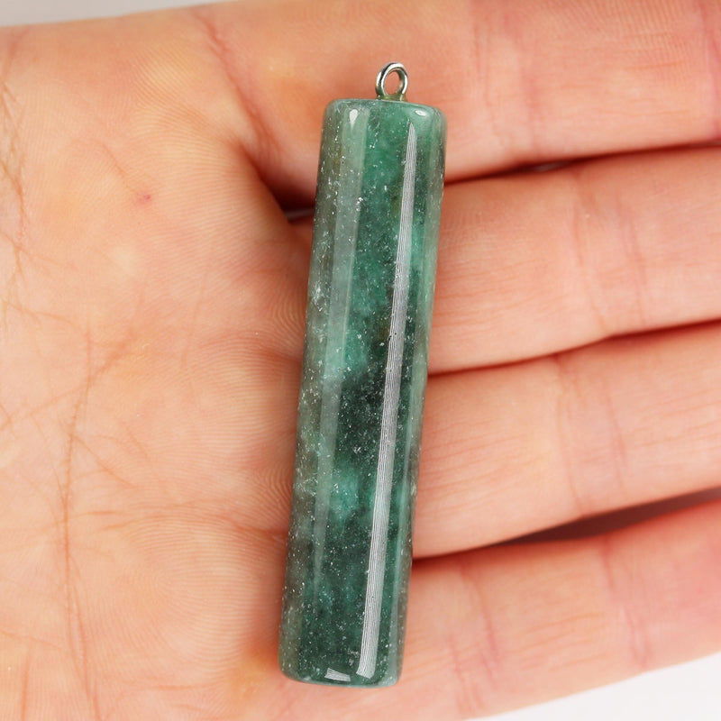 1pc 12*55mm Tube Green Aventurine Gemstone Pendant with Silver plated Loop