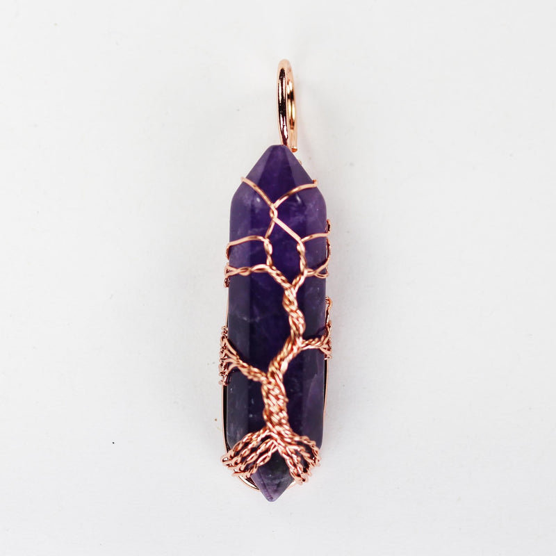 1pc Amethyst Double Terminated Point Pendant, Tree-Of-Life Copper Wire Wrapped Gemstone Pendant 10*40mm Stone