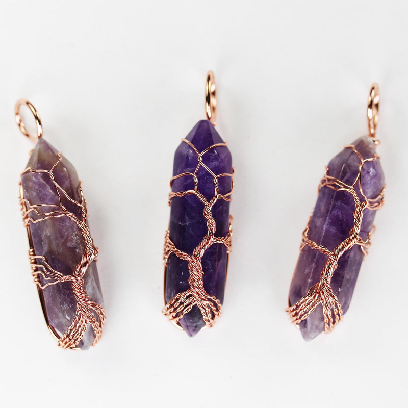 1pc Amethyst Double Terminated Point Pendant, Tree-Of-Life Copper Wire Wrapped Gemstone Pendant 10*40mm Stone